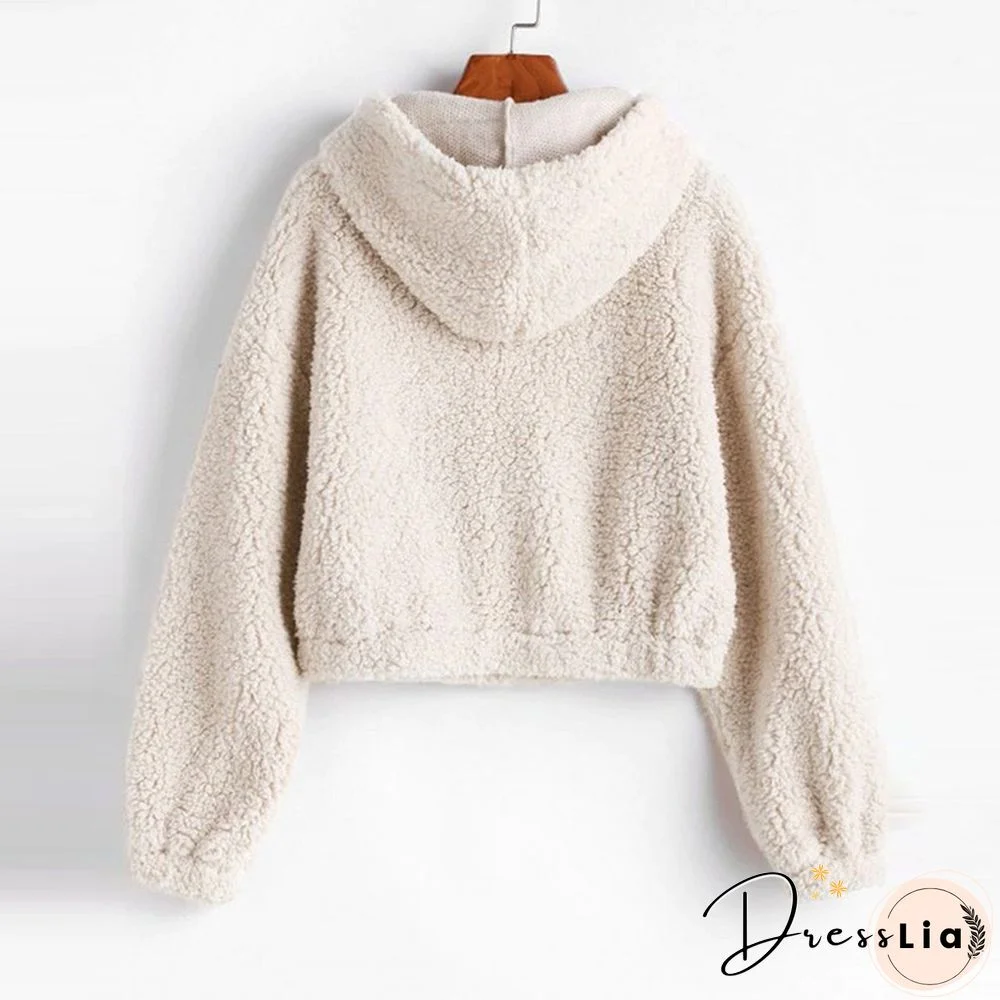 Women Sweatshirt Solid Zipper Long Sleeve Fluffy Plush Sweatershirt Hoodie Tops Women's Hoodie
