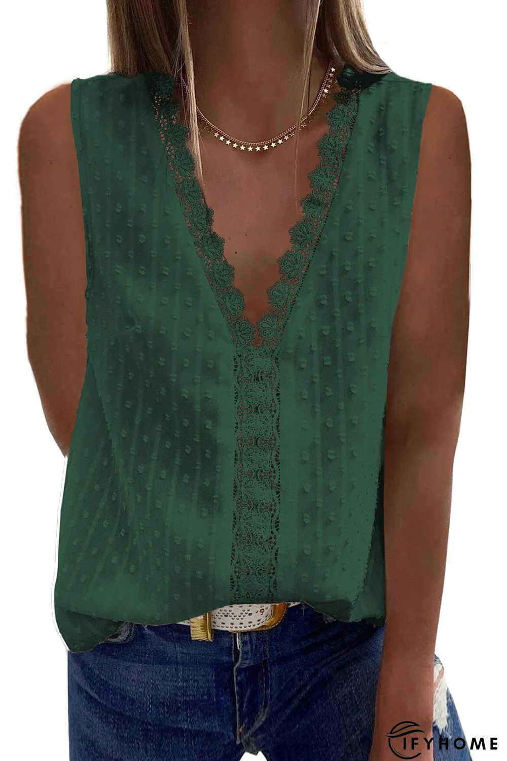 Green Crochet V Neck Textured Tank Top | IFYHOME