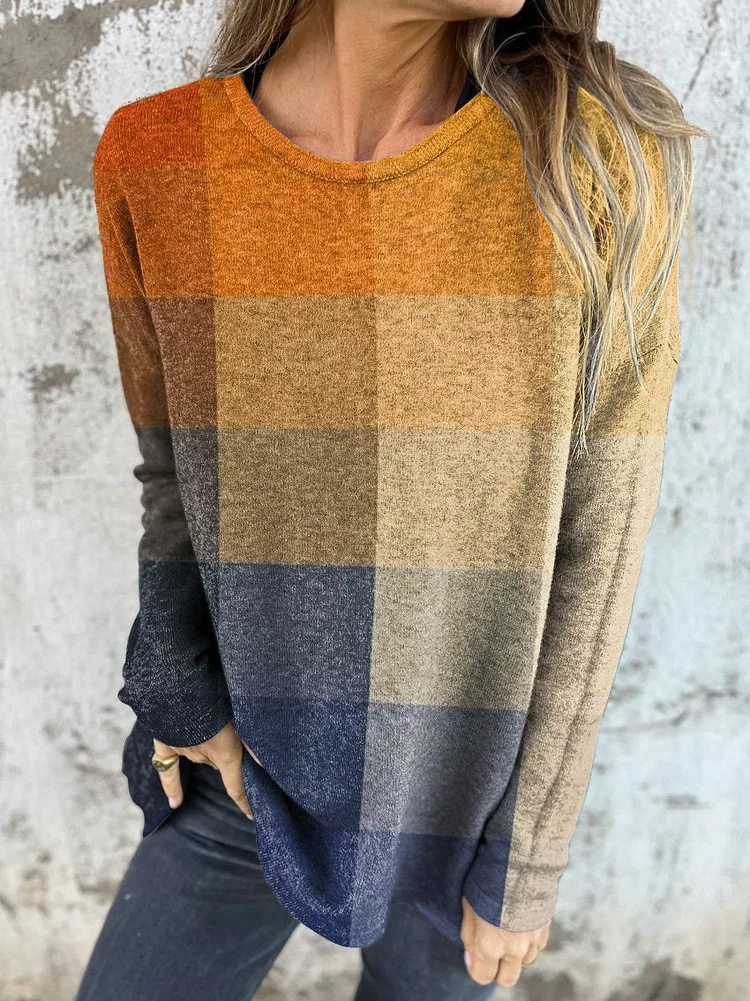 Women's Vintage Blue Orange Gradient Abstract Sunset Grid Geometry Art Print Button Back Casual Knitted Shirt