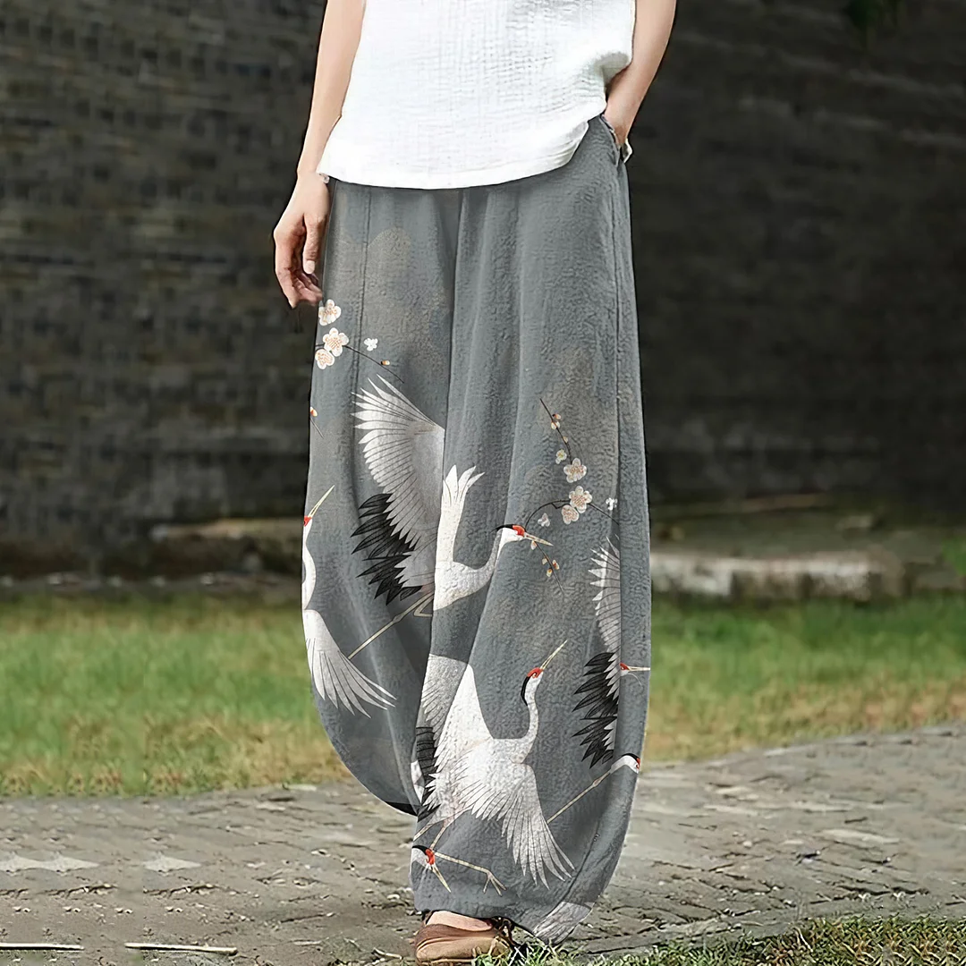 Crane Print Casual Loose Straight Pants
