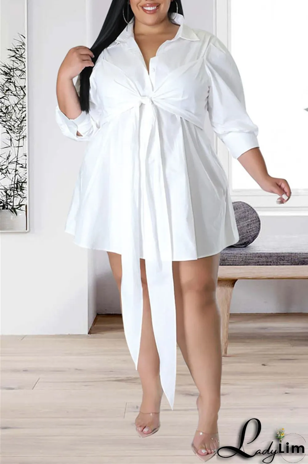 White Fashion Casual Solid Patchwork Turndown Collar Shirt Dress Plus Size Dresses