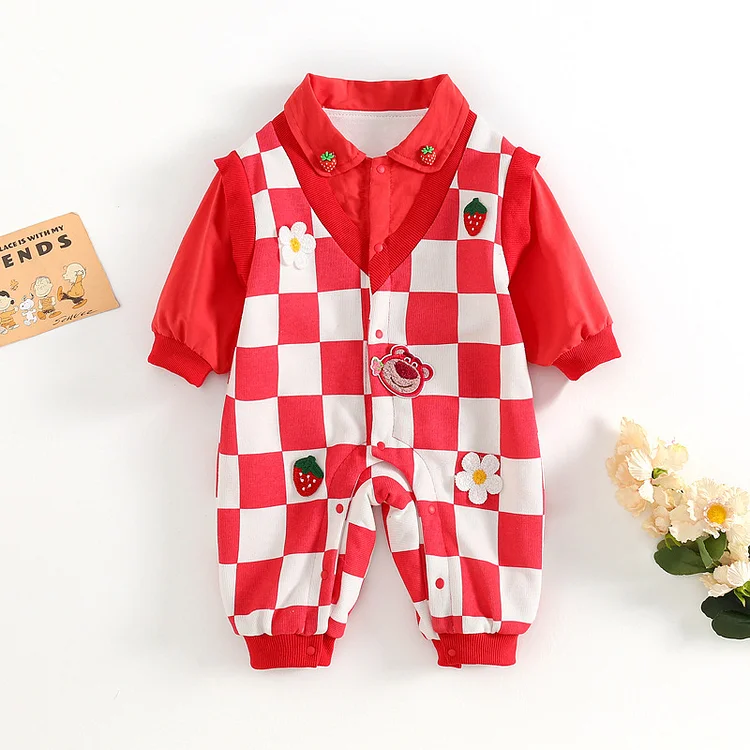 Baby Girl Cartoon Bear Graphics Plaid Mock Two-pieces Long Sleeve Romper