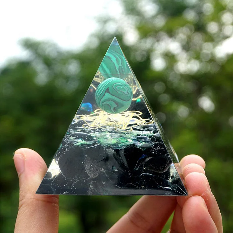 olivenorma orgone pyramid with malachite and obsidian