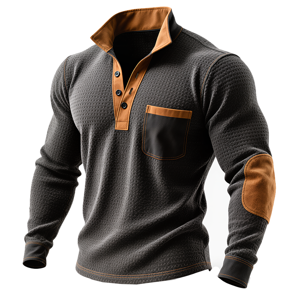 Stylish Black Henley Shirt with Contrast Orange Details