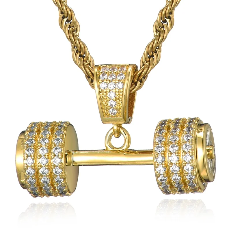 Iced Out Barbell Dumbbell Pendant Necklaces-VESSFUL