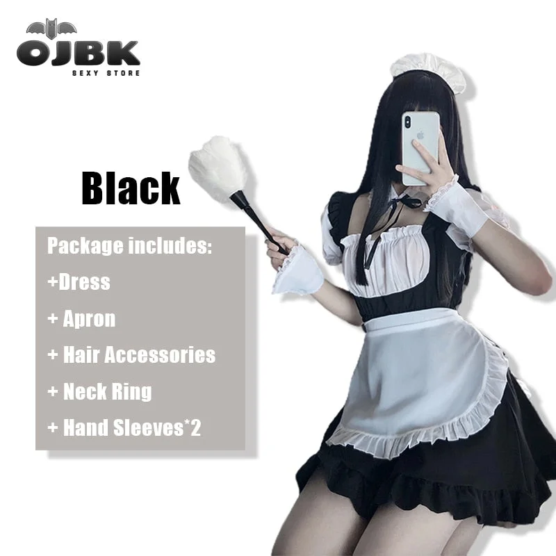 Sexy Cute Lace Up Black and White Maid Dress Role Play Costume Transparent Chiffon Cosplay Anime Uniform Temptation Suit 0613