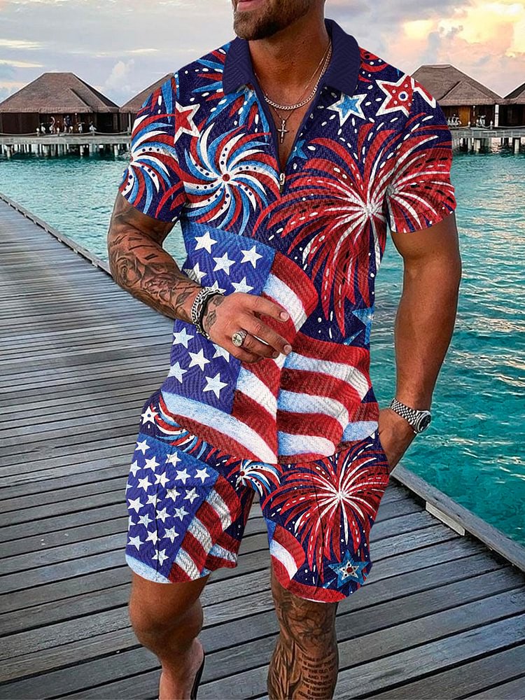 Men's Holiday Art Fireworks Printing Polo Set
