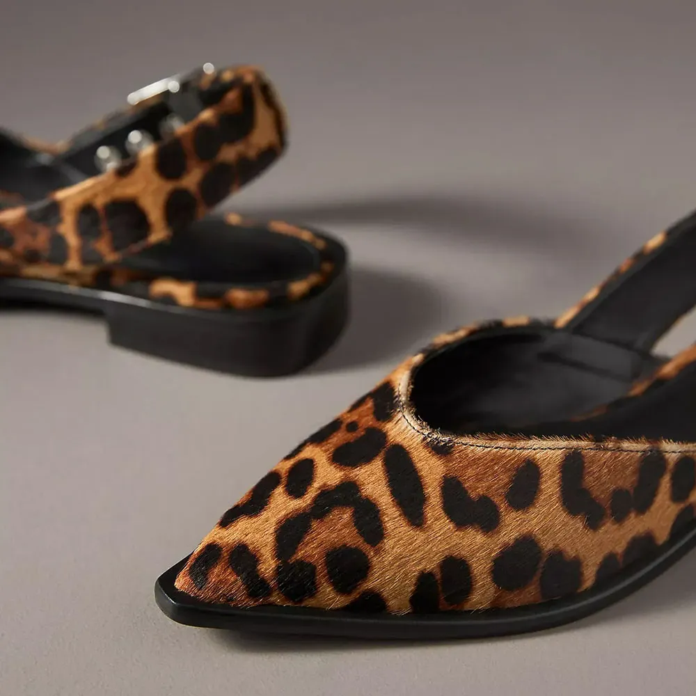Women's Brown Calf Hair Pointed Toe Furry Slingback Leopard Flats