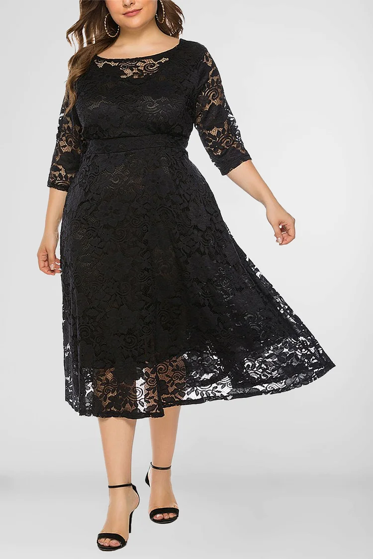 Plus Size Solid Lace Pocket Round Neck 3/4 Sleeve Tunic Midi Dress