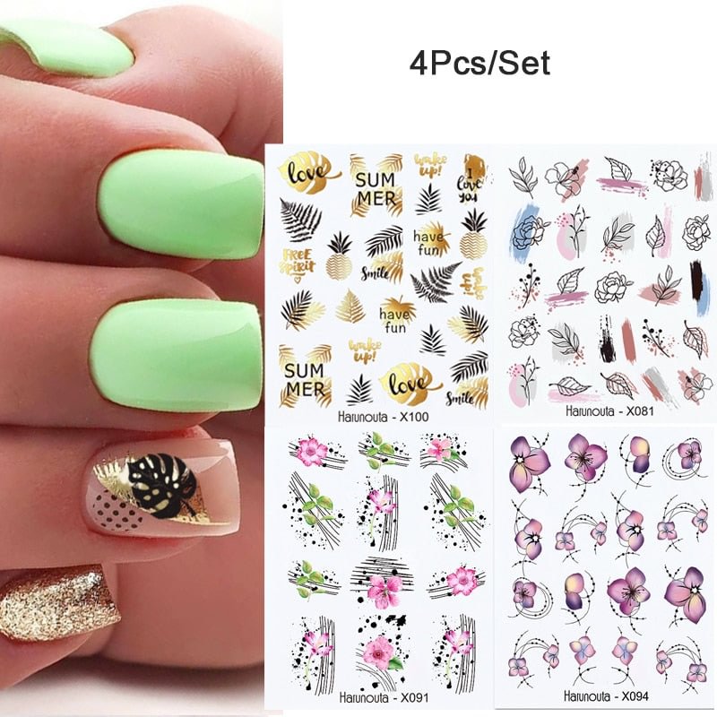 4Pcs/Set Flower Leaves Water Decasl Stickers Floral Geometric Lines Transfer Water Sliders For Nails Manicures Decoration