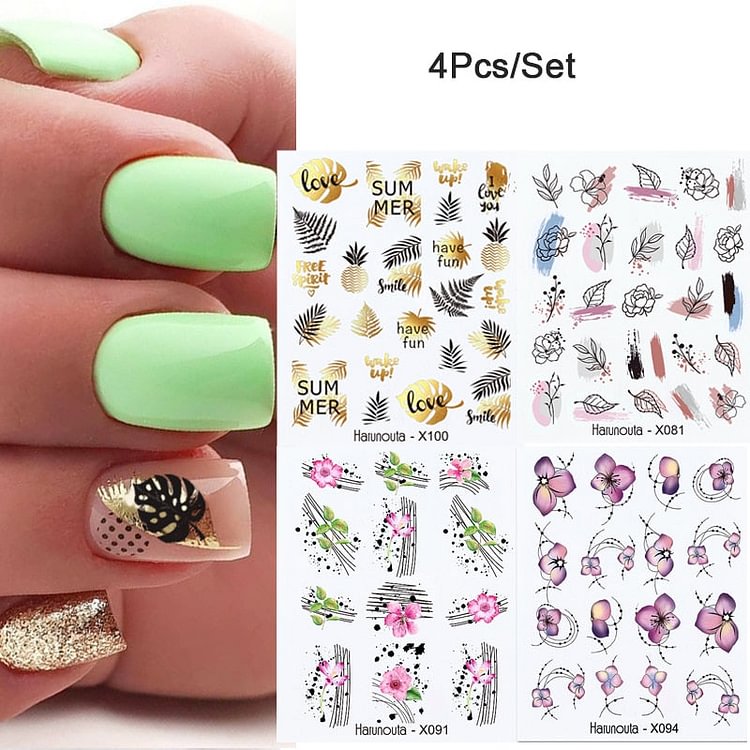 4Pcs/Set Flower Leaves Water Decasl Stickers Floral Geometric Lines Transfer Water Sliders For Nails Manicures Decoration