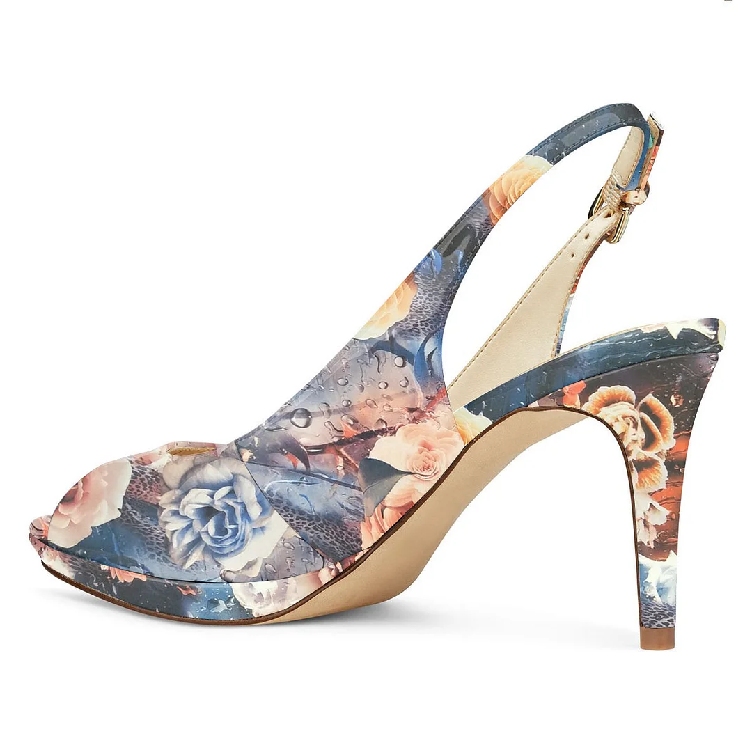 Women's Elegant Flower Printed Peep Toe Platform High Heels by YDN