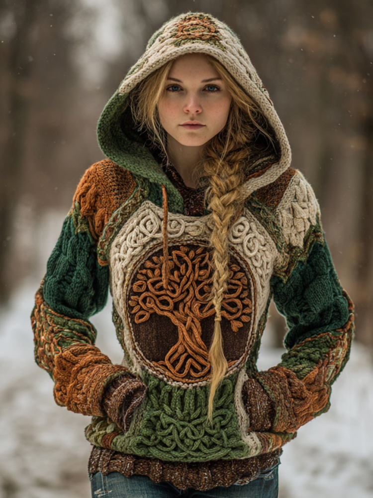 Comstylish Vintage Viking Tree Of Life Celtic Art Cozy Hooded Sweater