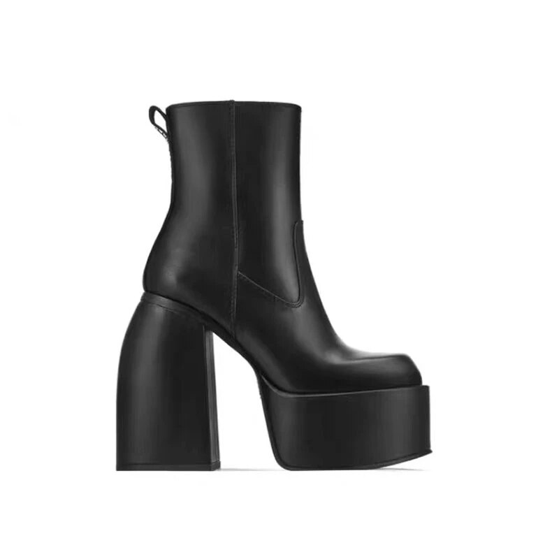VCSHOES Black Thick-Heel Platform Round Toe Knee-High Boots Woman Thick-Soled Slim Elastic High-Heeled Boots Shoes For Women
