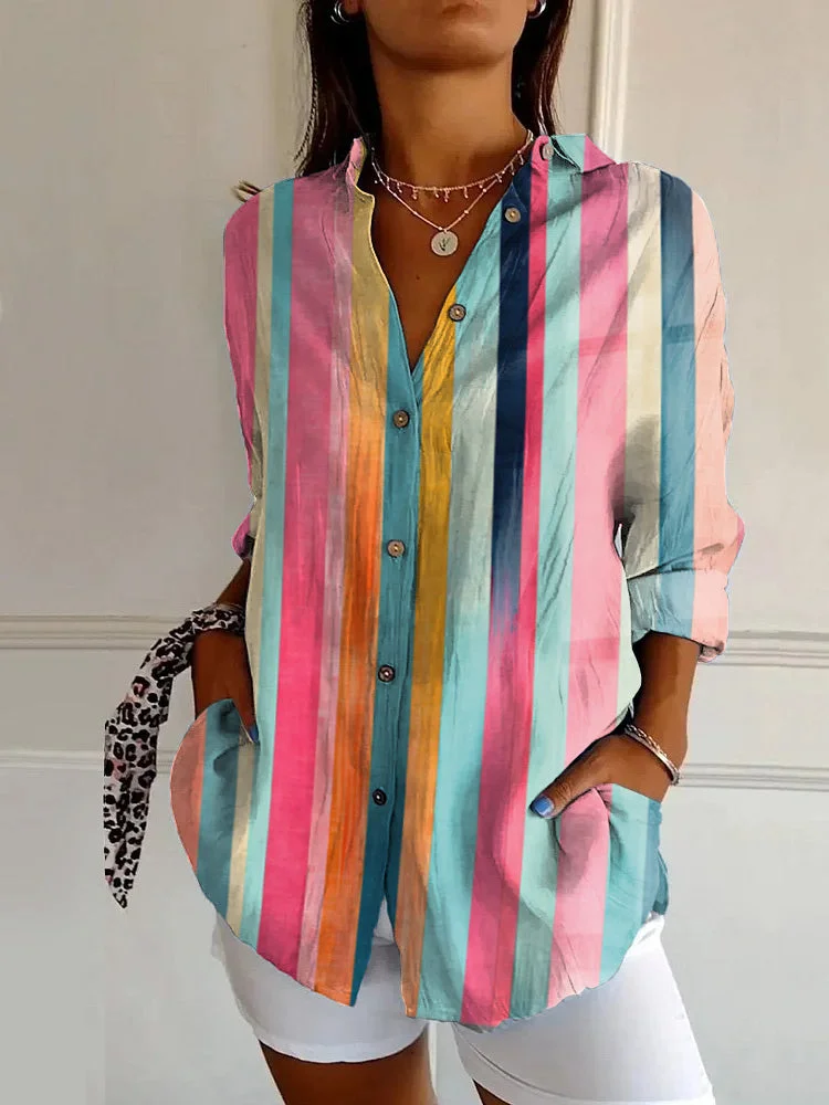 Vintage Colorful Striped Abstract Art Print Casual Long-sleeved Shirt