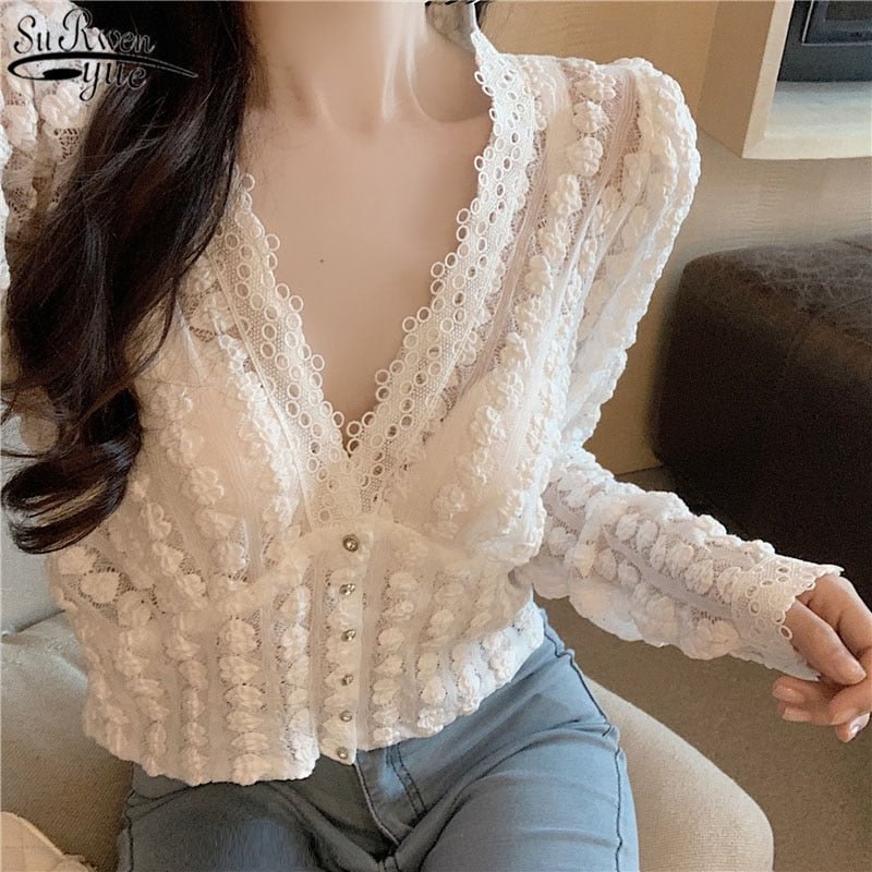 2021 Spring New Korean Style Short White Lace Shirt Women V-neck Long Sleeve Cardigan Vintage Women Blouses Elegant Blusas 11841