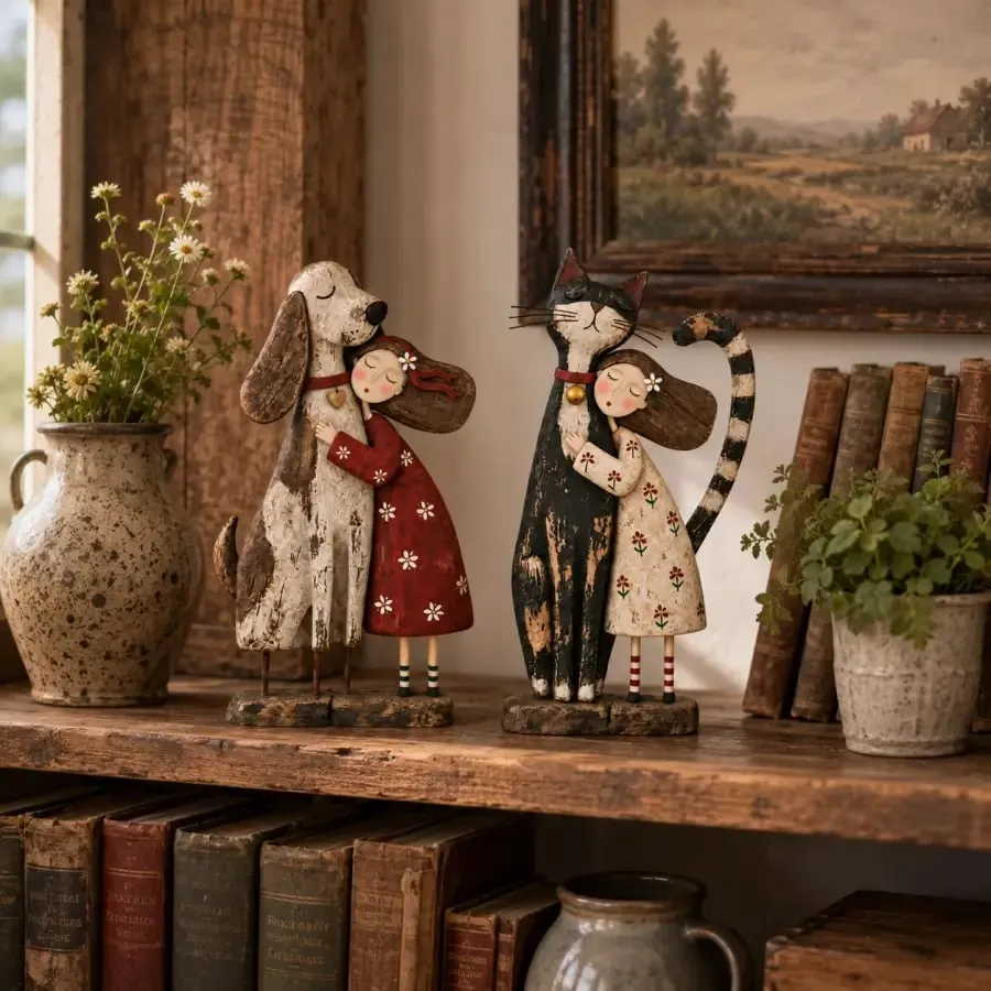 Both girl and best friend folk art figurines displayed together