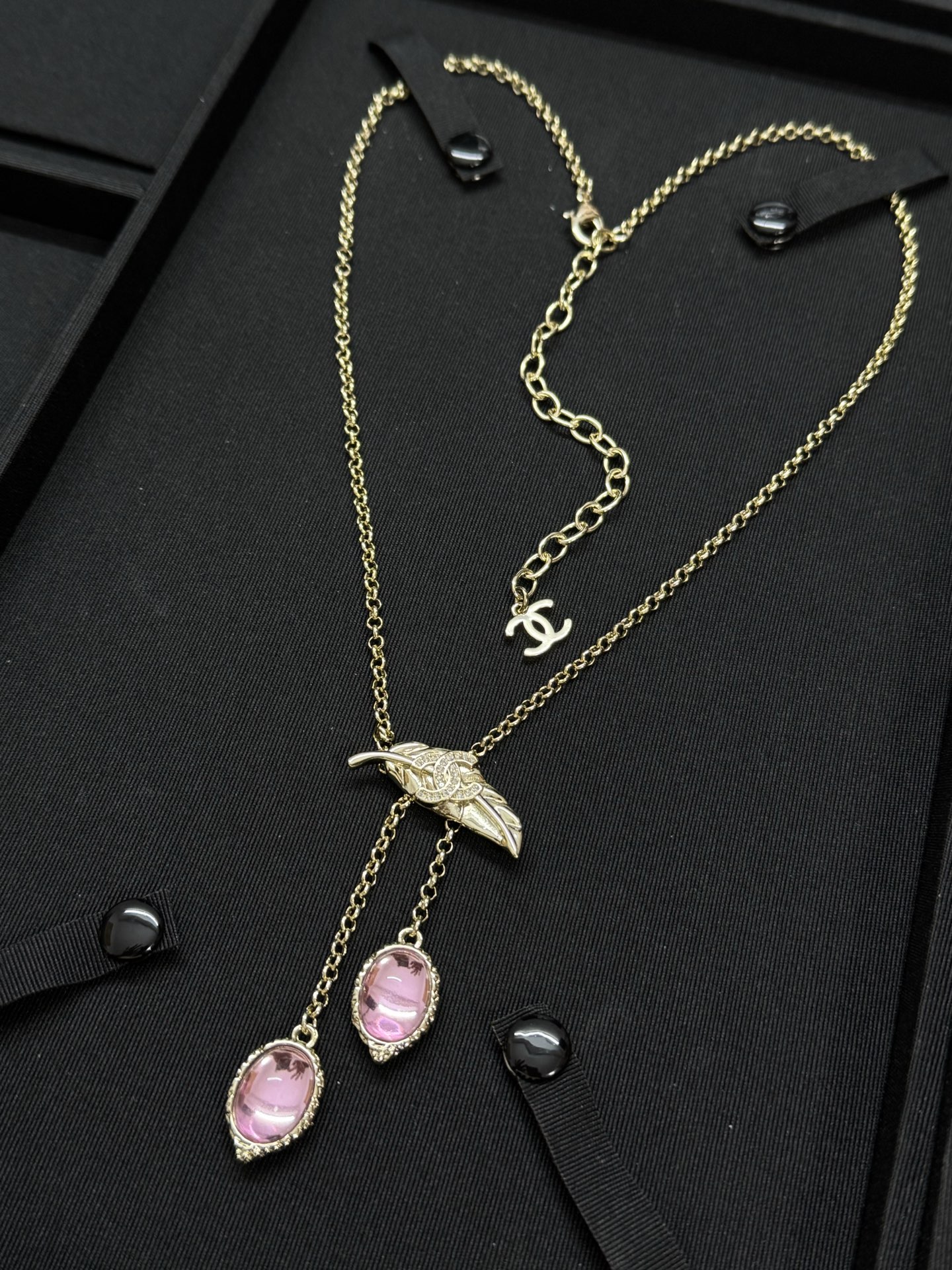 Chanel Feather Pink Diamond Tassel Pendant Necklace