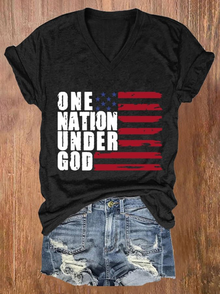 Comstylish Women's One Nation Under God Print Casual V Neck T-Shirt