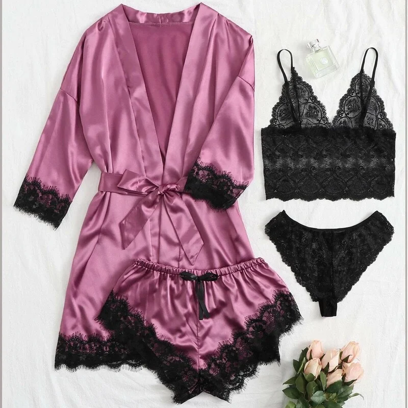 Brownm 2021 New Ladies Pajamas Four-Piece Sexy Sling Skirt Set Home Lace Pajamas Set