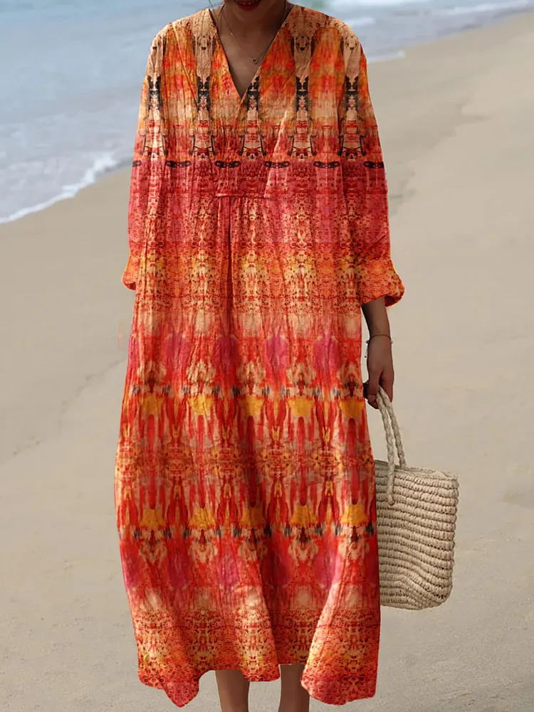 Womens Geometric Color Block Gradient Pattern Print Cotton And Linen Dress