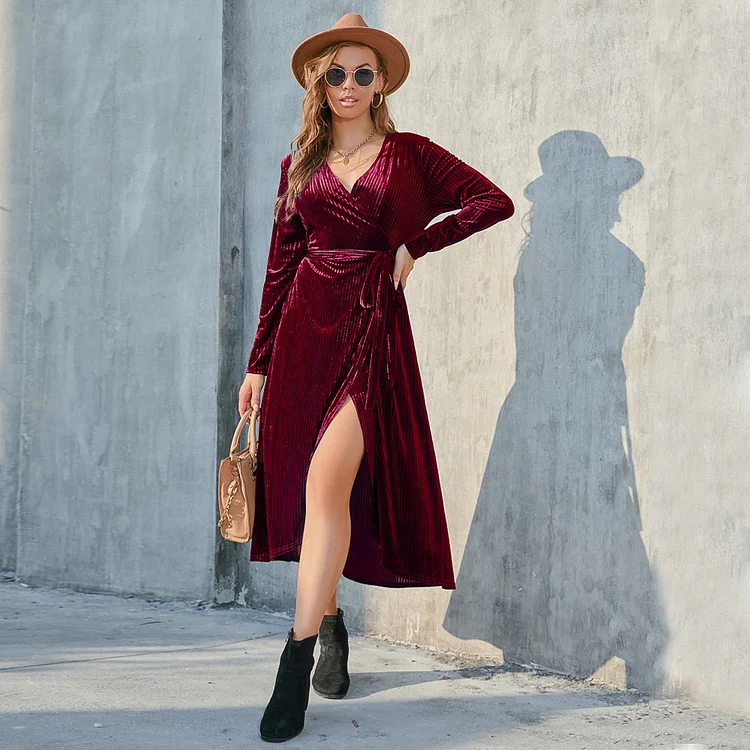 Women's Velvet Slit Tie Velvet Midi Party Dress