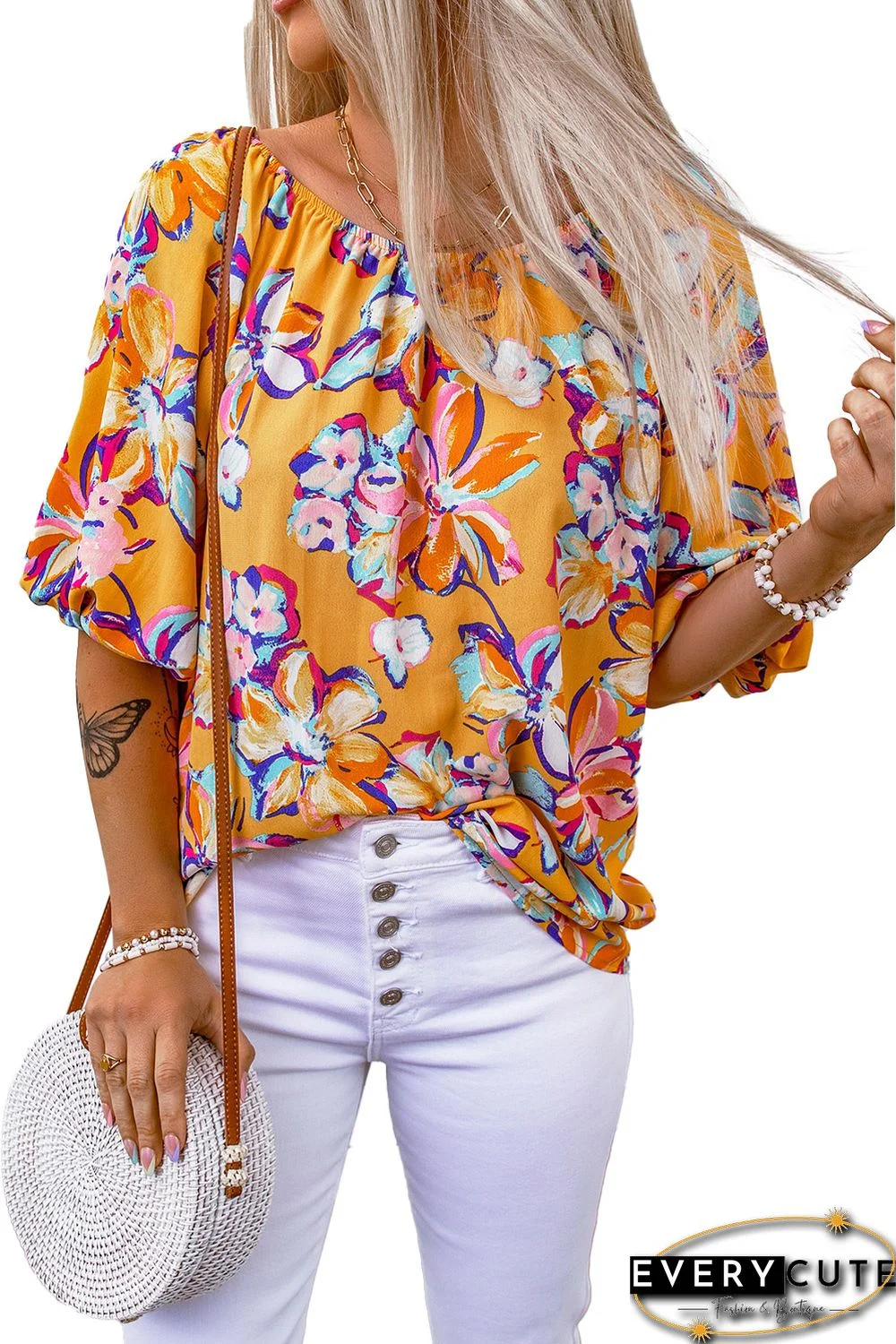 Yellow Floral Print Elastic Neckline Blouse