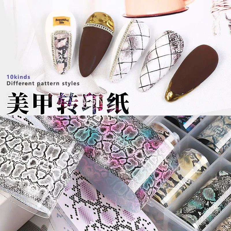 10pcs/box  Leopard Wild Animal Skin Nail Foil Sticker Snake Print Nail Art Transfer Slider Starry Sky Manicure Decoration Wrap-Nail Inspo