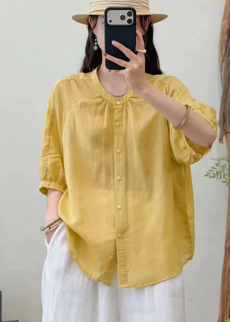 Beautiful Yellow O-Neck Wrinkled Linen Blouse Top Summer