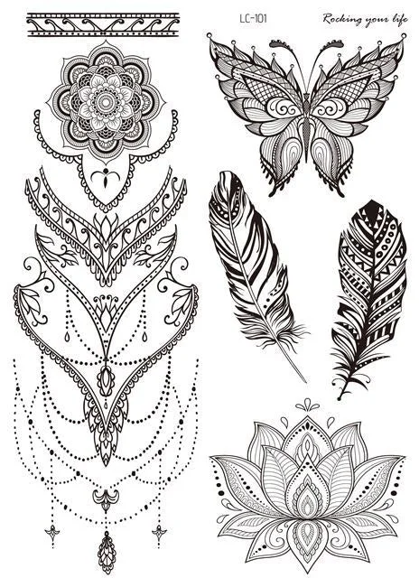 Black sketch temporary tattoo Vintage hand back pattern tattoo sticker Mandala flower collarbone Lace Lion fake tatto tatuajes