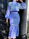 Vintage Floral Printed Stand Collar Long Sleeves Shirts+ Mermaid Skirt Two Pieces Set