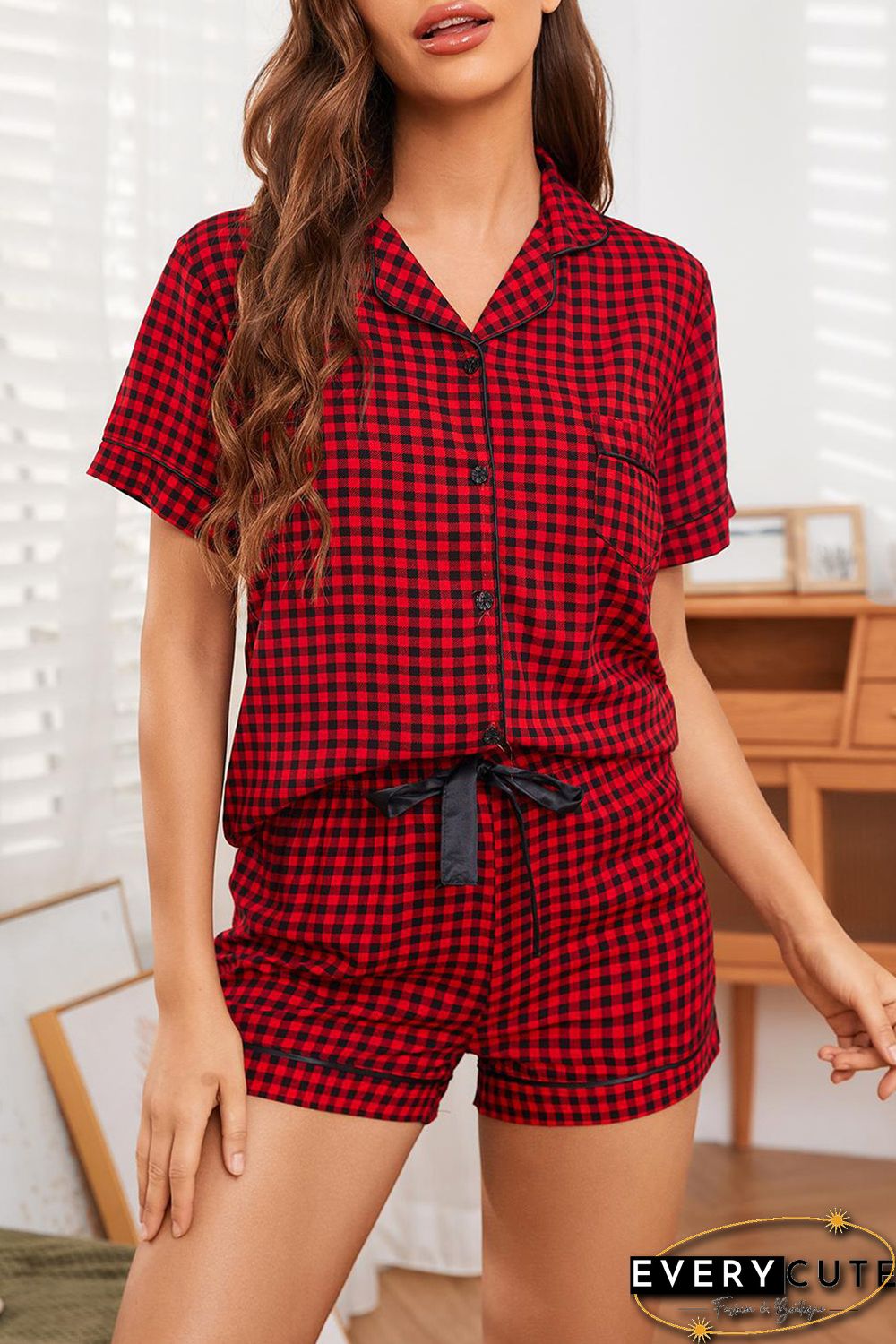 Red Plaid Short Sleeve Shirt and Drawstring Shorts Lounge Set