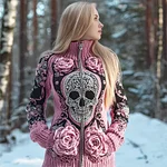 Skull & 3d Floral Art Women's Chunky Knit Zipper Sweater - Image 2