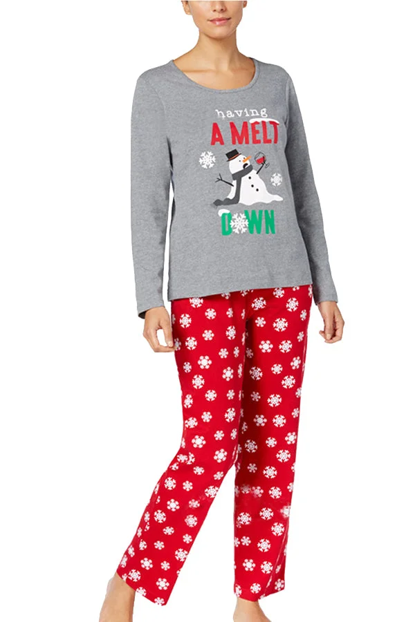 Women Snowman Snowflake Printed Christmas Family Pajama Set Light Gray-elleschic