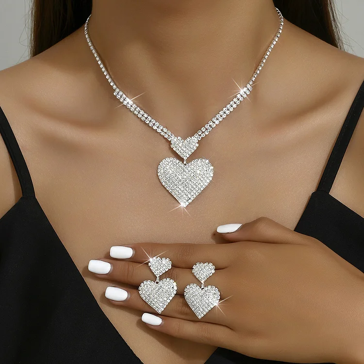 Wedding Rhinestone Love Shape Necklace Earrings Jewelry Set