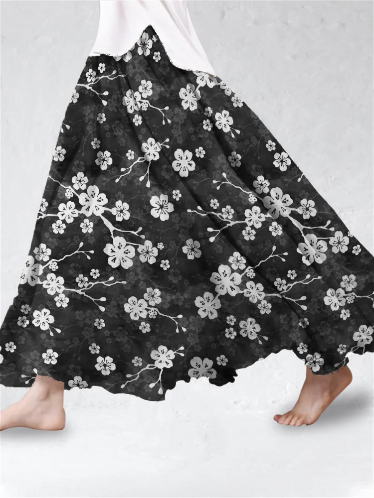 Cherry Blossom Japanese Pattern Flowy Linen Blend Wide Skirt