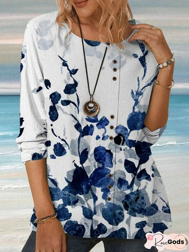 Casual Floral Knit Crew Neck Long Sleeve Top