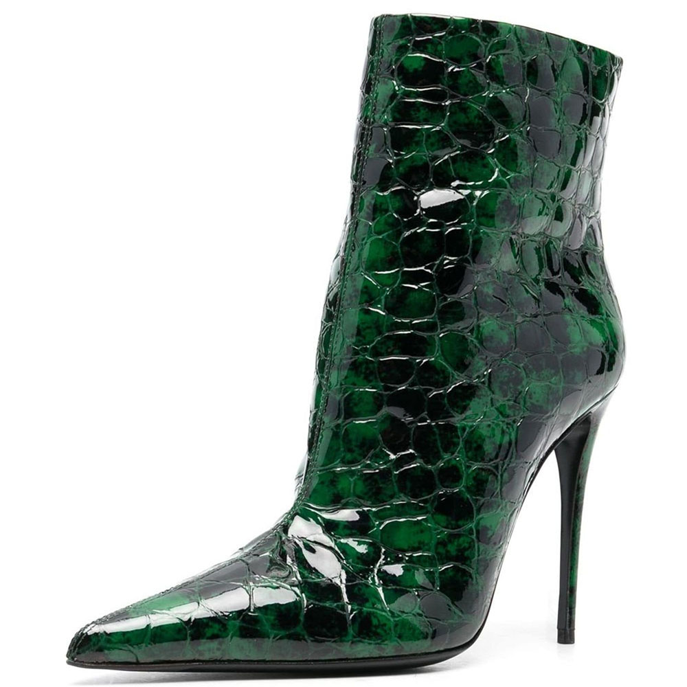 Green Patent Leather Croco Embossed Pointed Toe Heeled Ankle Boots