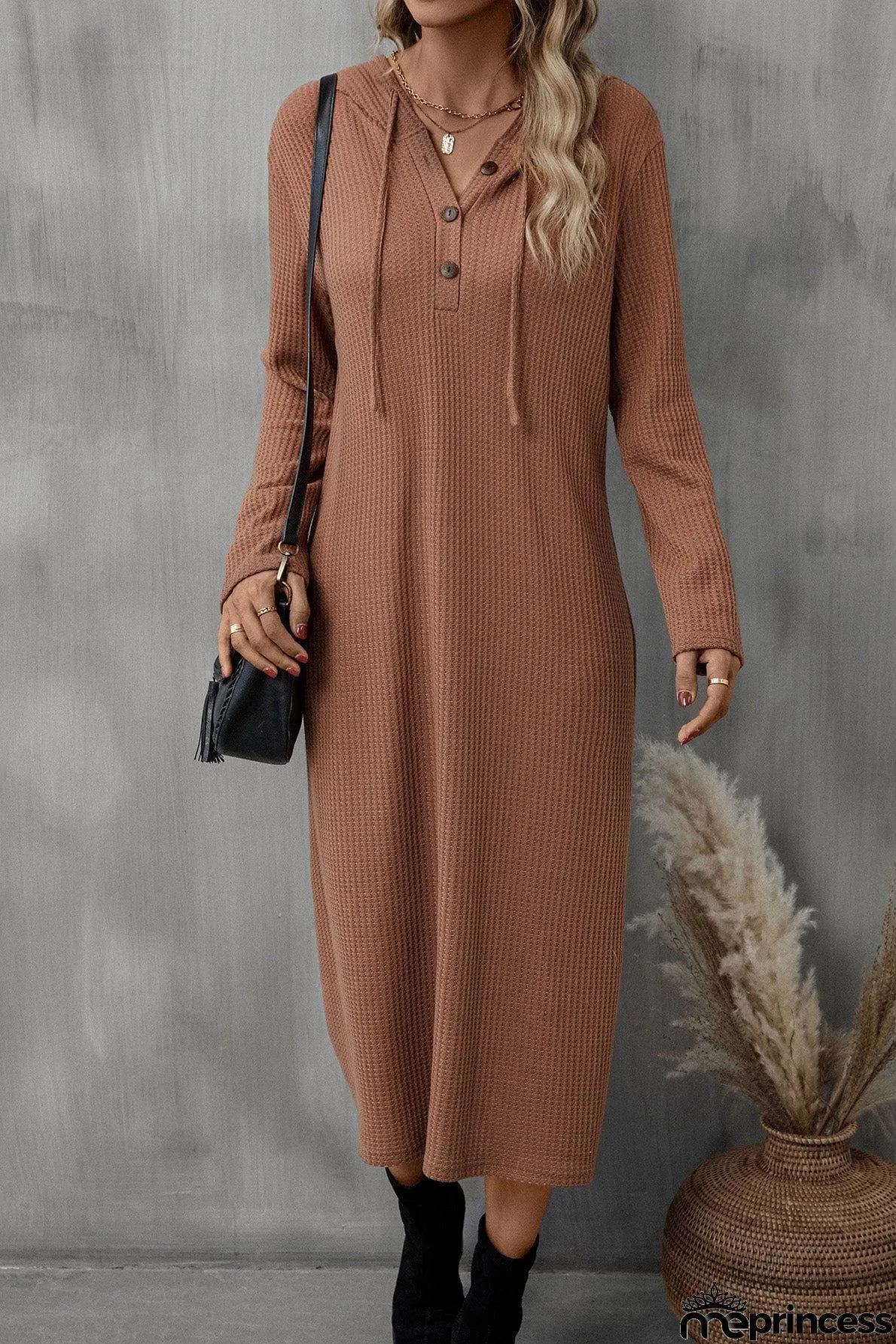Buttoned Long Sleeve Hooded Dress
