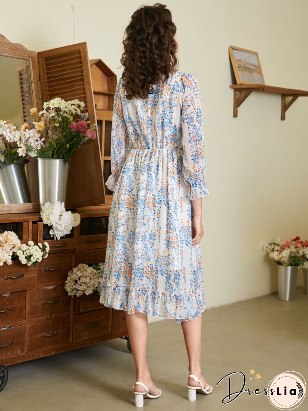 Floral Print Ruffle Long Sleeve V-neck Chiffon Dress
