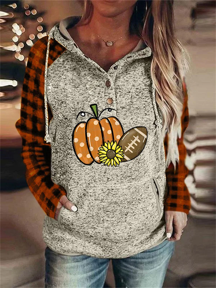 Pumpkin Football Lover Plaid Patchwork Hoodie