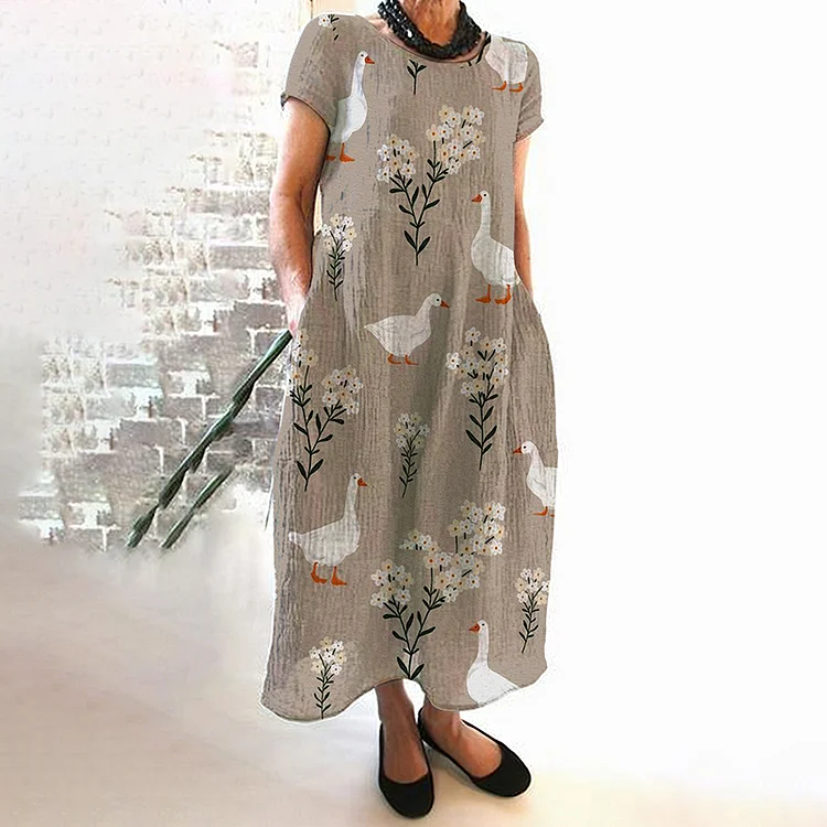 Comstylish Farm Goose Floral Print Short-Sleeved Midi Dress