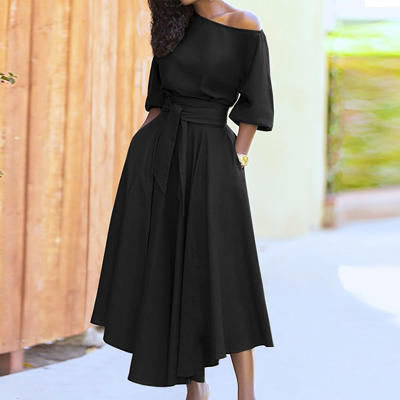 Women Elegant Sexy Off Shoulder Party Dress 2021 Summer Tie-Up A-Line Dress Office Lady Casual Short Sleeve Pocket Dress Vestido