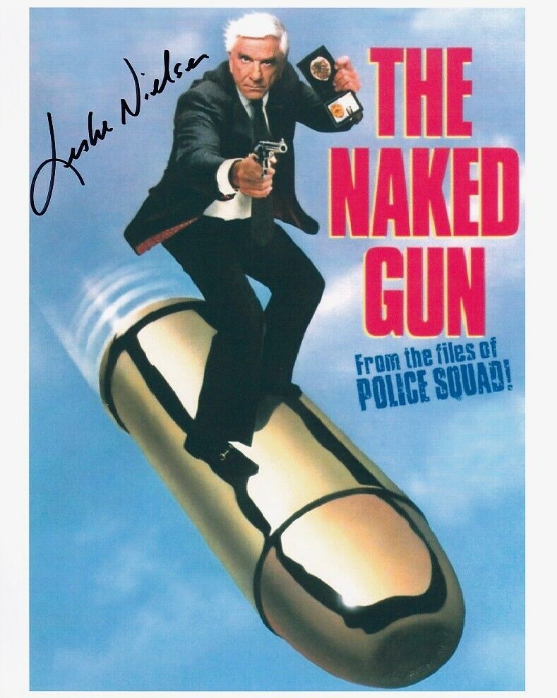 LESLIE NIELSEN signed NAKED GUN POLICE SQUAD 8x10 w/ FUNNY COLOR MINI-POSTER