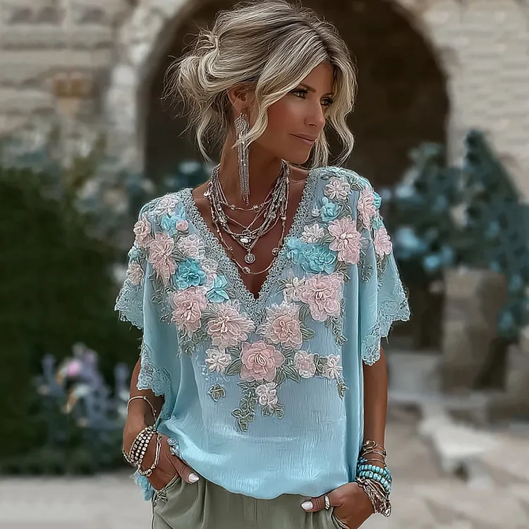 Women's Retro Rose Embroidered Art V Neck Linen Blend Casual T-shirt