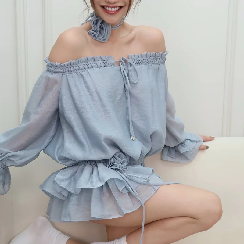 Uveng Uveng 2024 New Sexy Pure Desire A Word Collar Flounce Chiffon Slim Waist Long-Sleeved Dress