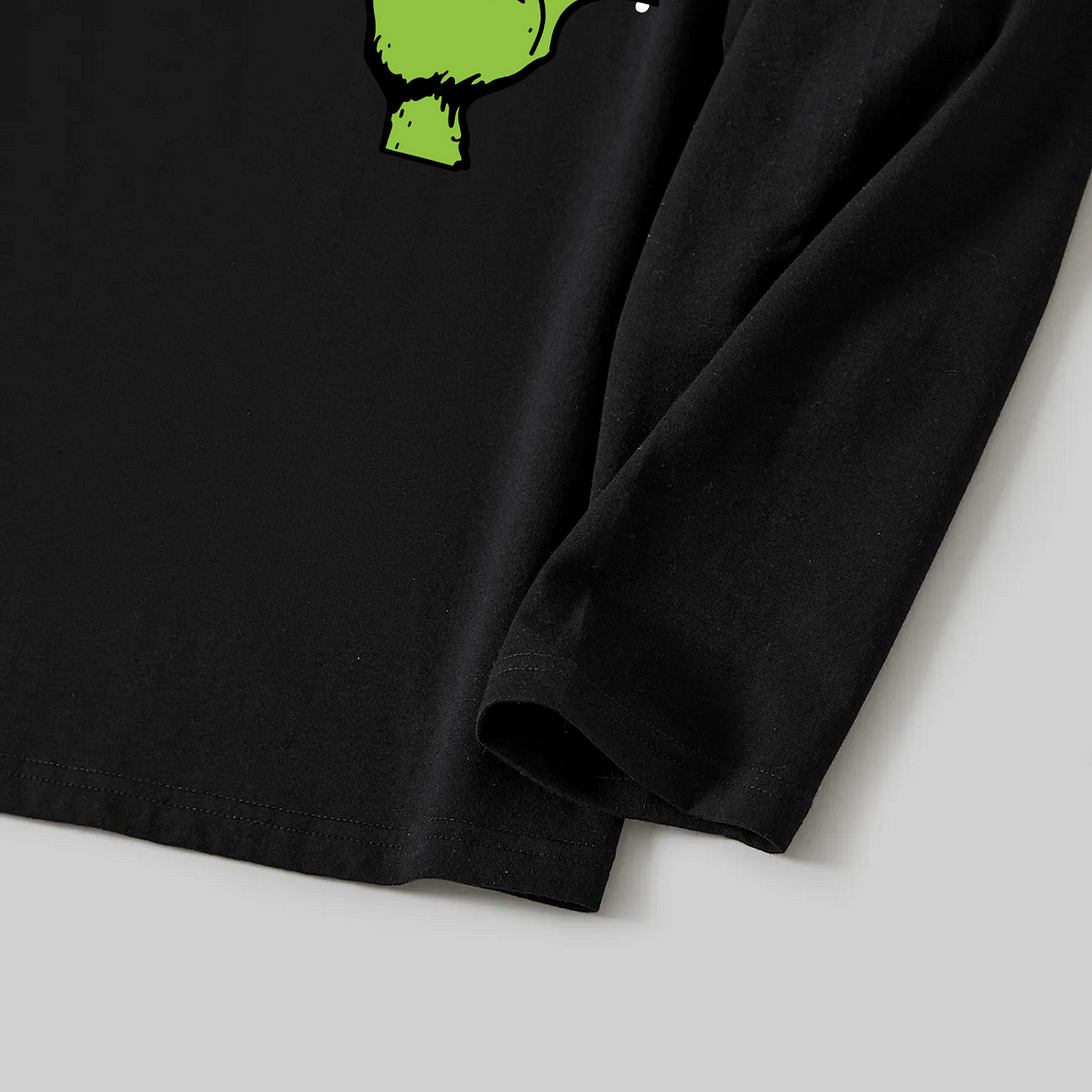 Christmas Cartoon Pattern Print Black Long Sleeve Top with Red & White & Green Plaid Family Matching Pajamas