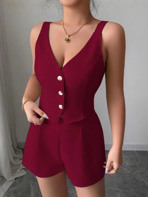 Nigikala Nigikala Temperament Thin Commuter Vest Shorts Solid Color Two-Piece Set