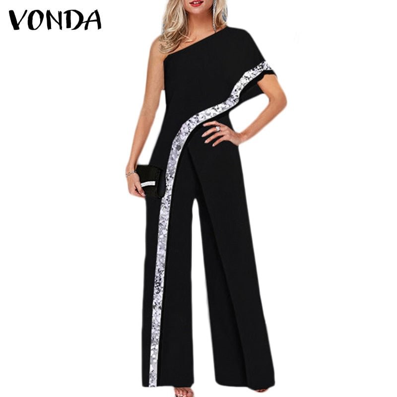 Summer Overalls Women Vintage Printed Jumpsuits 2022 VONDA Office Lady's Wide Leg Pants Trousers Short Sleeve Playsuits