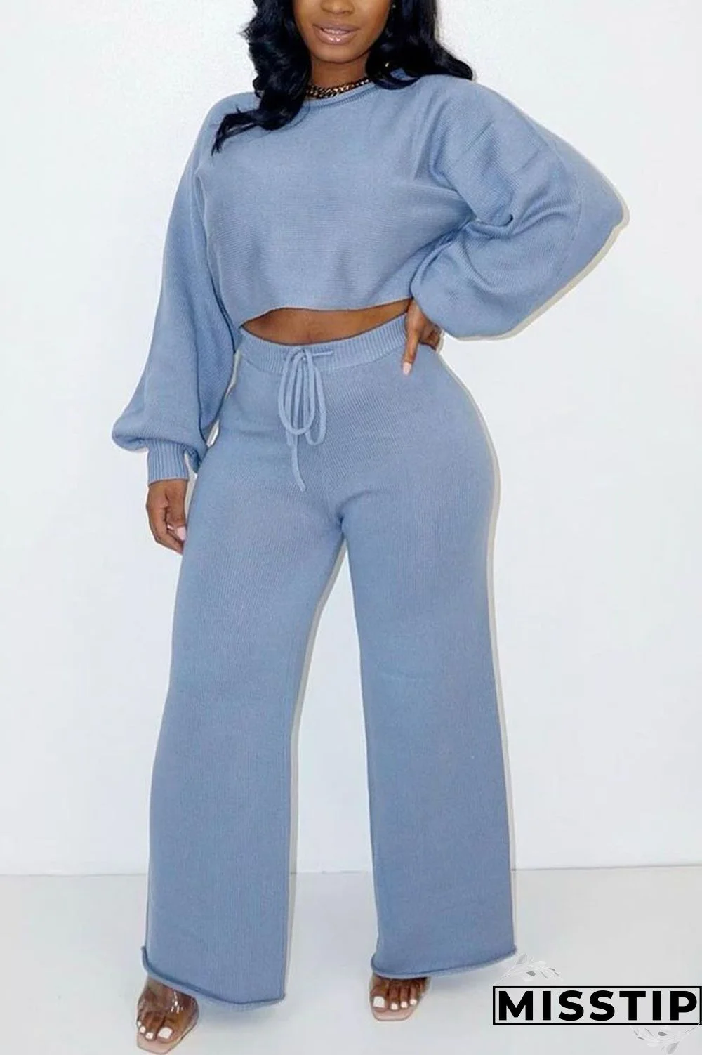 Light Blue Casual Solid O Neck Long Sleeve Two Pieces